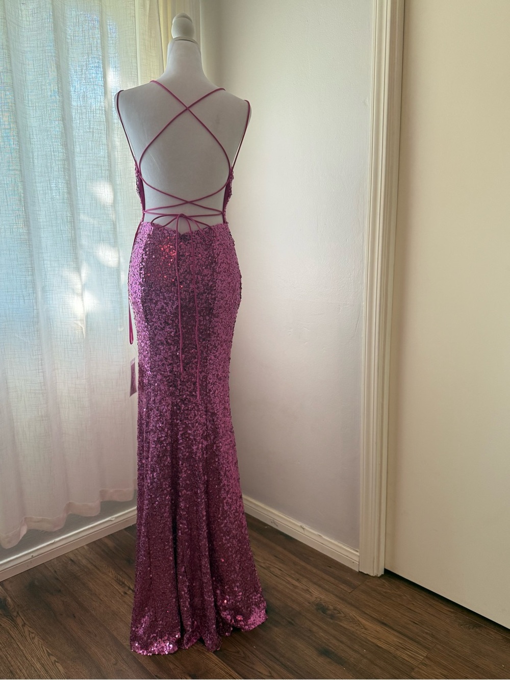 Stella Couture 23129 Fuchsia Sequin Open-Back Formal Prom Dress